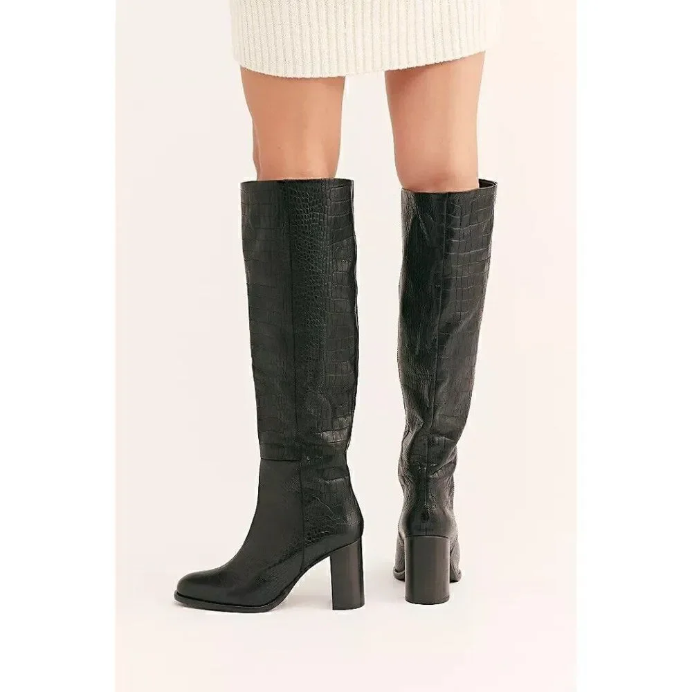 NEW FREE PEOPLE GRAYSON TALL BOOTS IN BLACK CROC LEATHER
